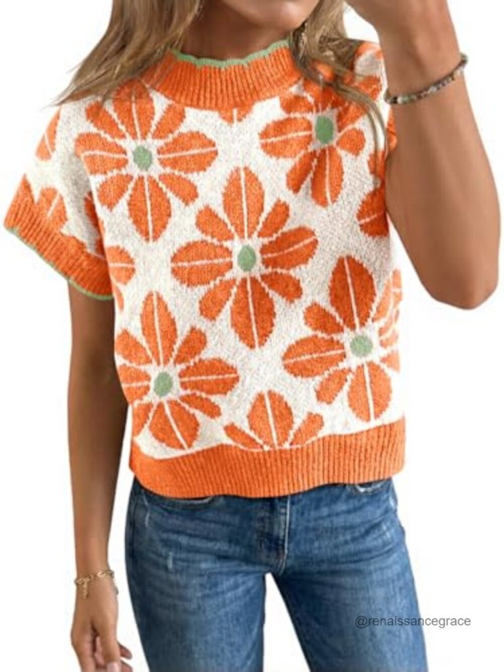 Womens Floral Knit Sweater Short Sleeve Crew Neck Loose Pullover